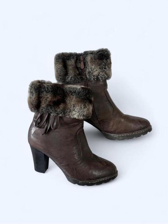 SL Fashions Shoes - SL Fashions Brown Faux Fur Cuff Heeled Ankle Boots